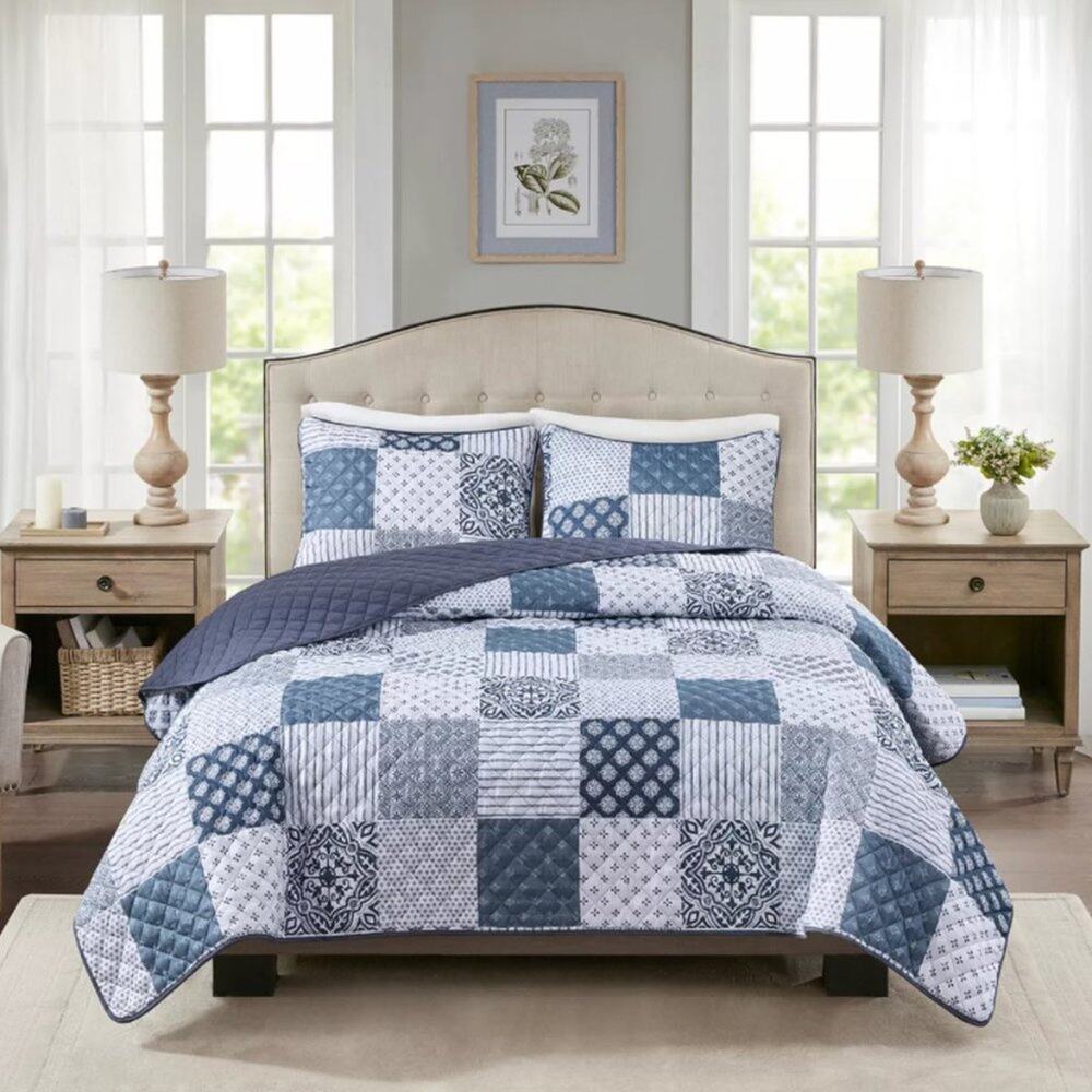 Patchwork Farmhouse Quilt & Navy Sheet Set F/Q